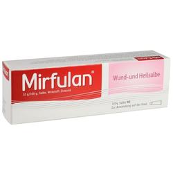Eine weiße Schachtel mit rotem und rosa Etikett zeigt "Mirfulan Wund- und Heilsalbe".