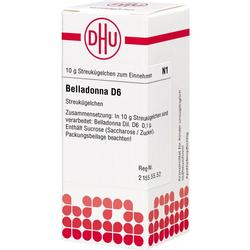 Weiße Verpackung für Belladonna D6 Streukügelchen mit rotem Logo und Text.