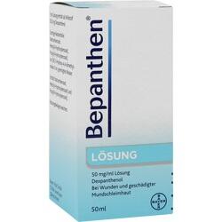 Eine Packung Bepanthen Lösung zur Behandlung von Wunden ist abgebildet.