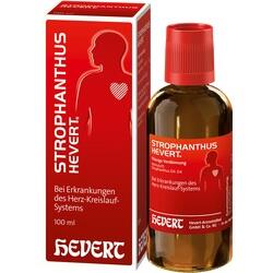 Eine Packung und Flasche mit rotem Etikett von Strophanthus-Hevert-Medikament.