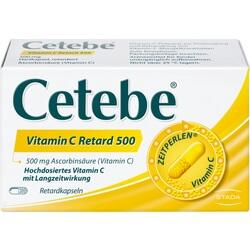 Eine Packung Cetebe Vitamin C Retard 500 mit Zeitperlen-Technologie.