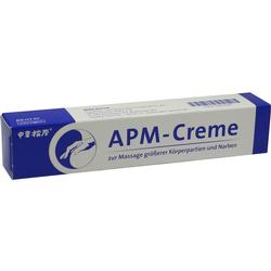 Eine weiße und blaue Schachtel mit der Aufschrift "APM-Creme" zur Massage.