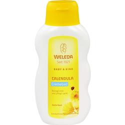 Weiße Flasche mit gelbem Etikett für Baby-Cremebad von Weleda.