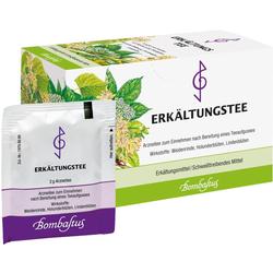 Eine Packung Erkältungstee mit Teebeutel und Pflanzenbild.