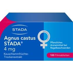 Blaue Packung mit Agnus castus Tabletten gegen Regelbeschwerden.
