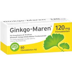 Schachtel mit Ginkgo-Maren 120 mg Tabletten für Erwachsene zur Verbesserung des Gedächtnisses.