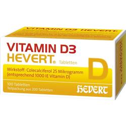 Eine Packung Vitamin D3 Tabletten von Hevert mit 100 Tabletten.