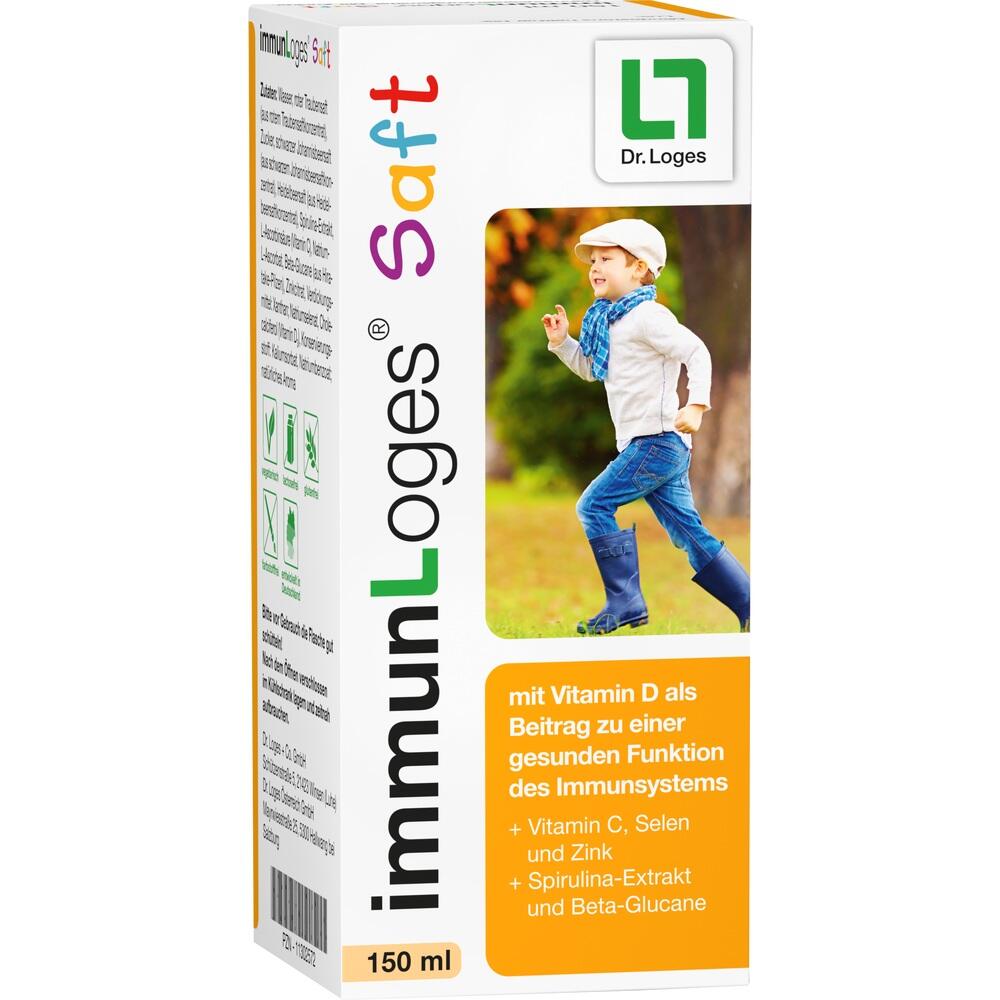 Ein Junge läuft fröhlich draußen; ImmunLoges Saft-Verpackung mit Vitaminen.