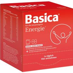 Rote Packung mit dem Produktnamen "Basica Energie" und Symbolen für Granulat und Kapseln.